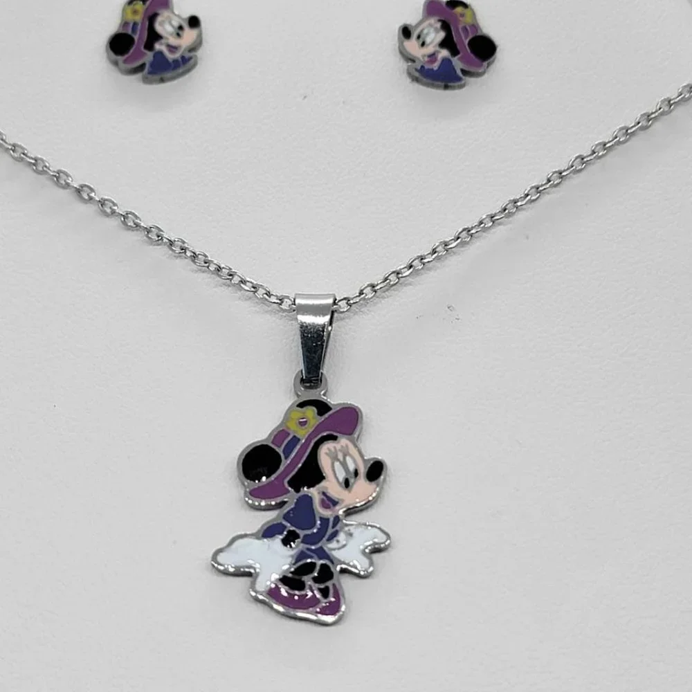 Stainless Steel Minnie Mouse in Purple earrings and necklace